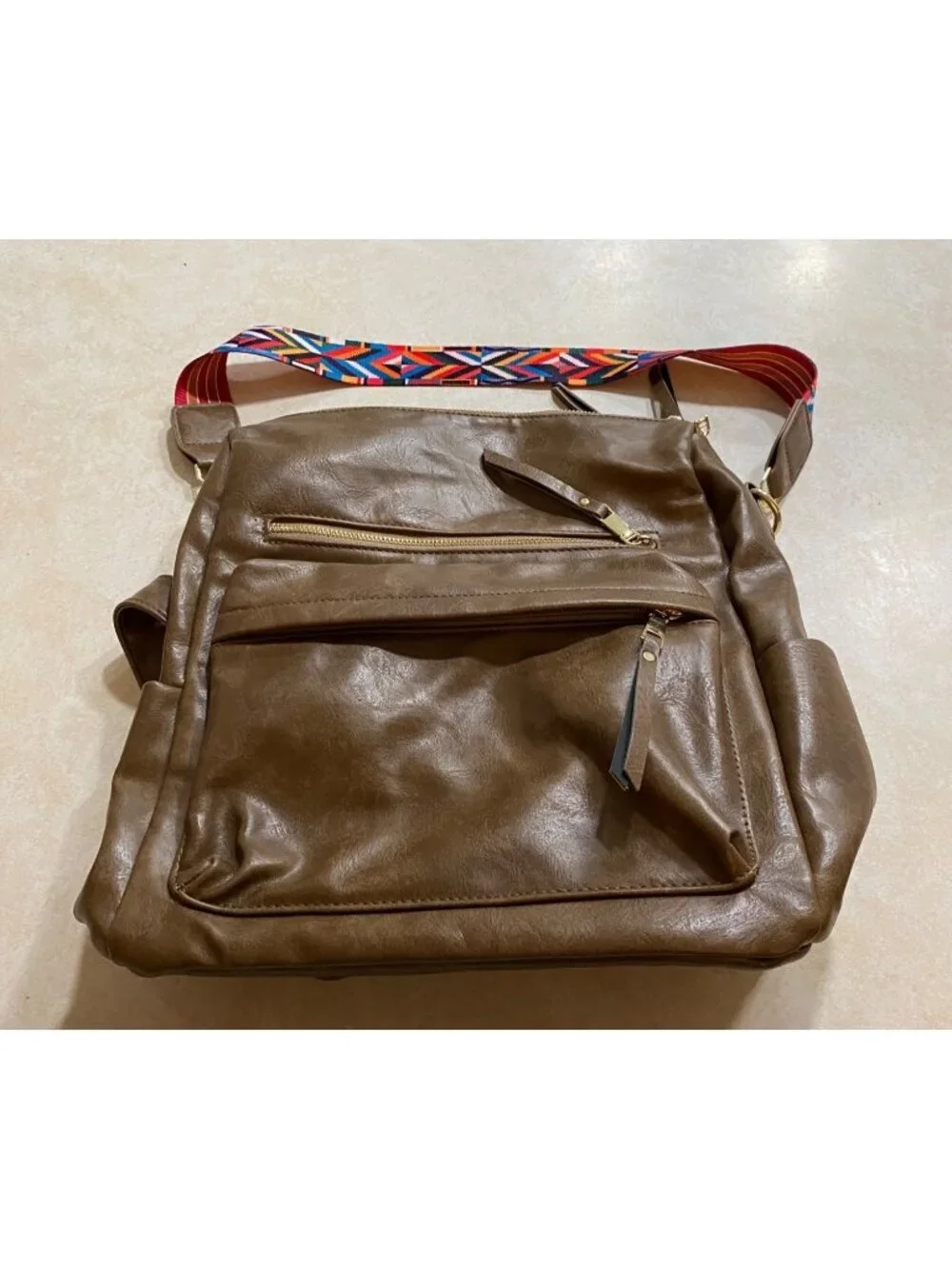 Brown Faux Leather Backpack Purse Colorful Adjustable Guitar Strap Gold Accents